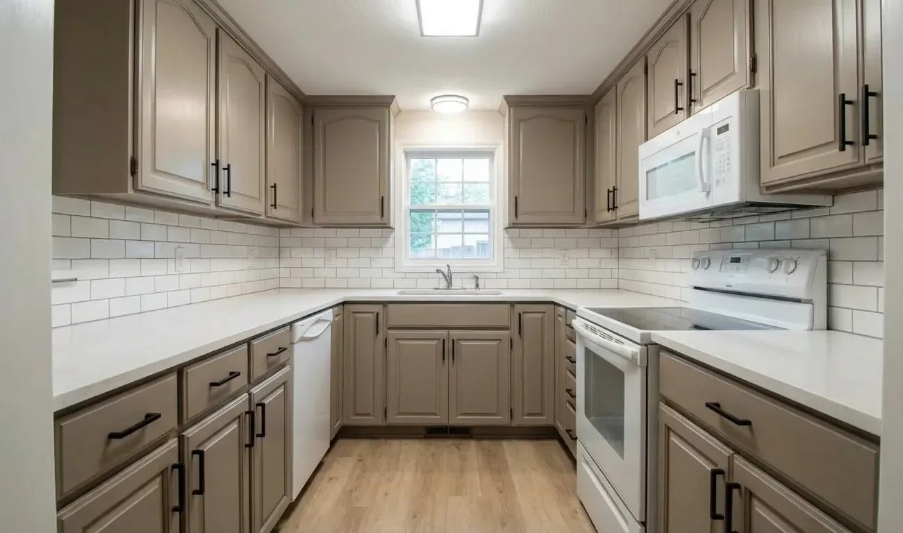Same kitchen cabinets after professional refinishing transformation