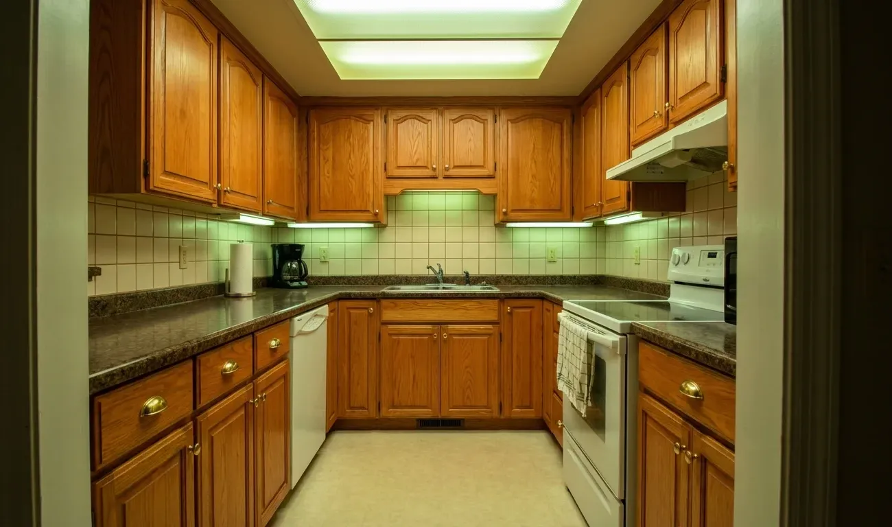 Dated oak kitchen cabinets before refinishing