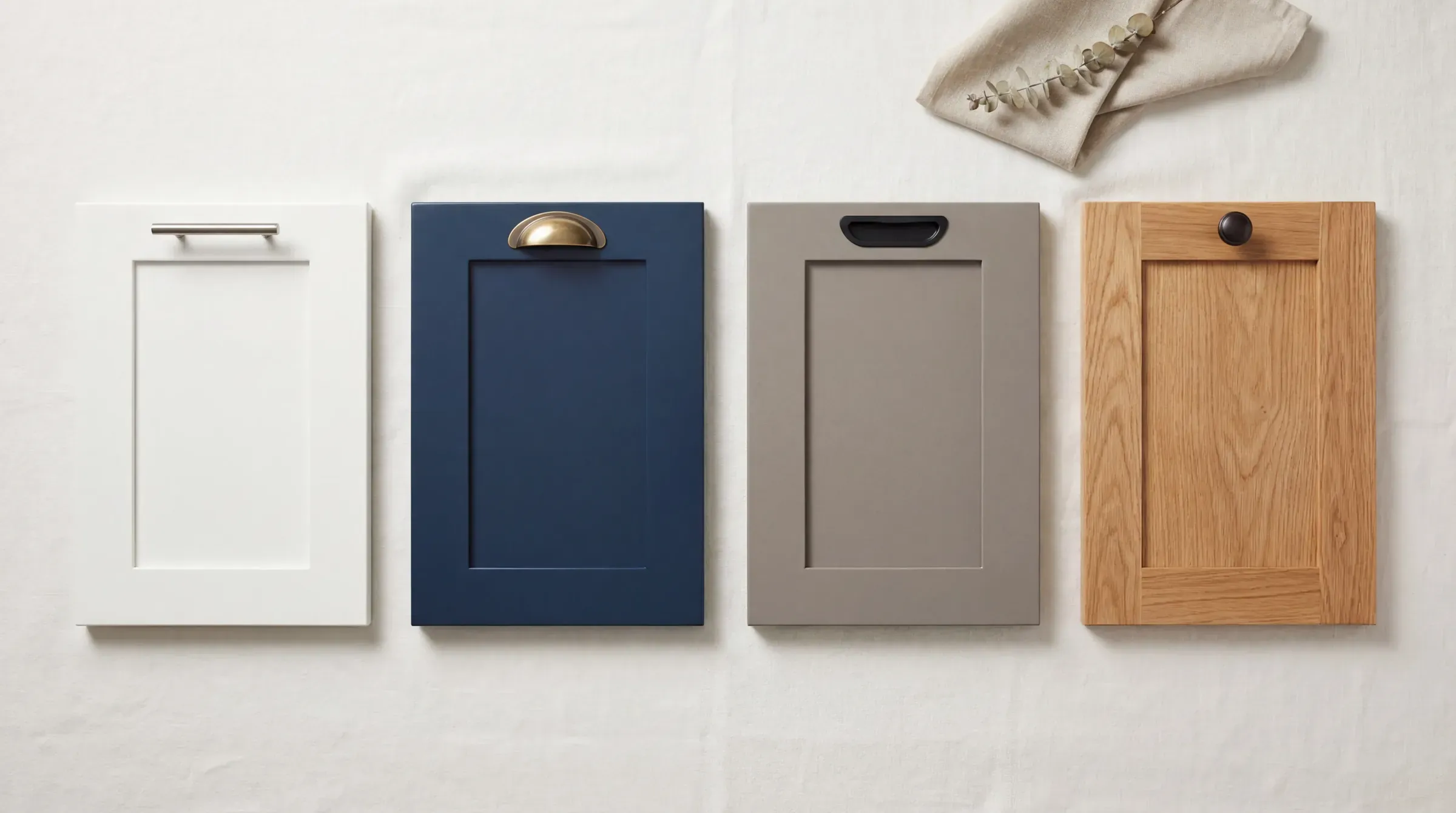 Cabinet refinishing color options including white, greige, navy, charcoal, sage green, and natural wood stain