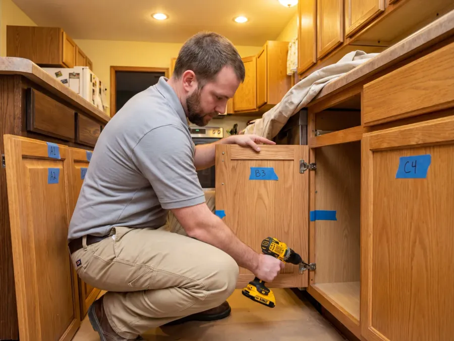 Cabinet doors being carefully removed and labeled during refinishing prep