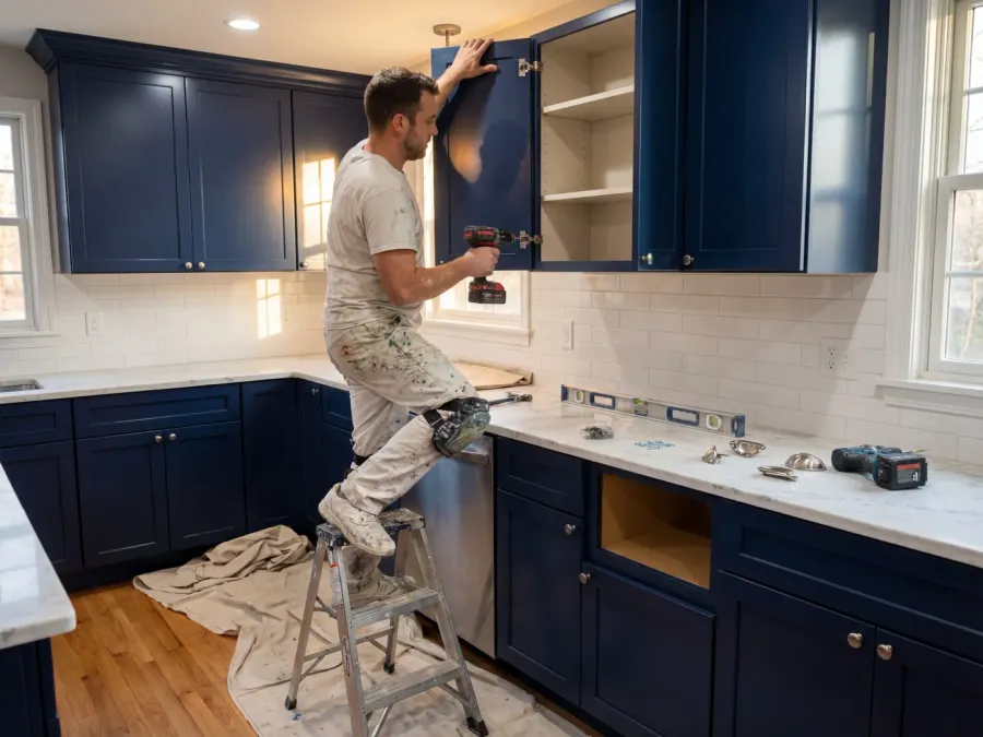 Finished cabinet doors being reinstalled with new hardware