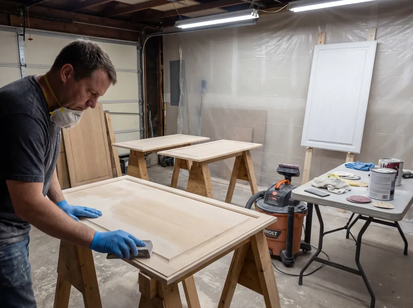 Cabinet surfaces being sanded and primed in preparation for refinishing