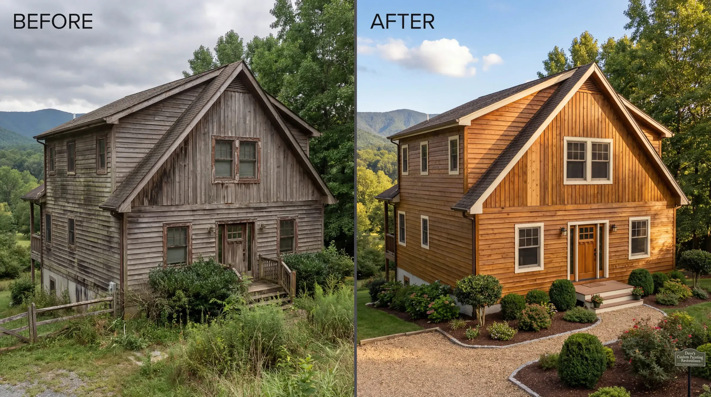 Cedar home before and after full restoration, from weathered gray to rich warm stain finish