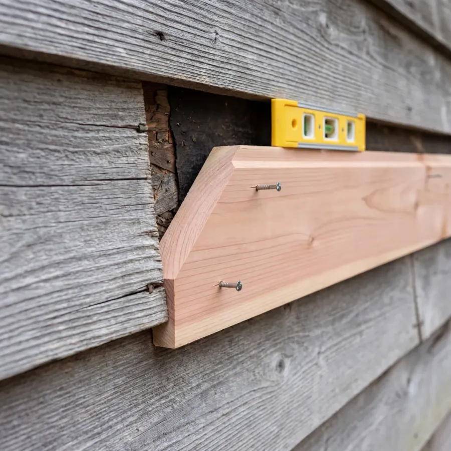 New cedar board being spliced into existing siding during restoration repair