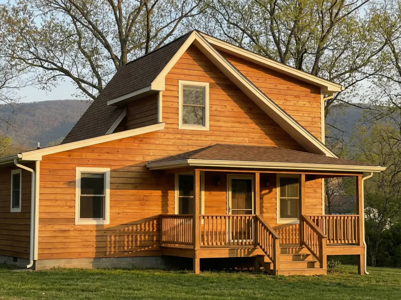Restored cedar home with fresh stain finish by Greystone Painting
