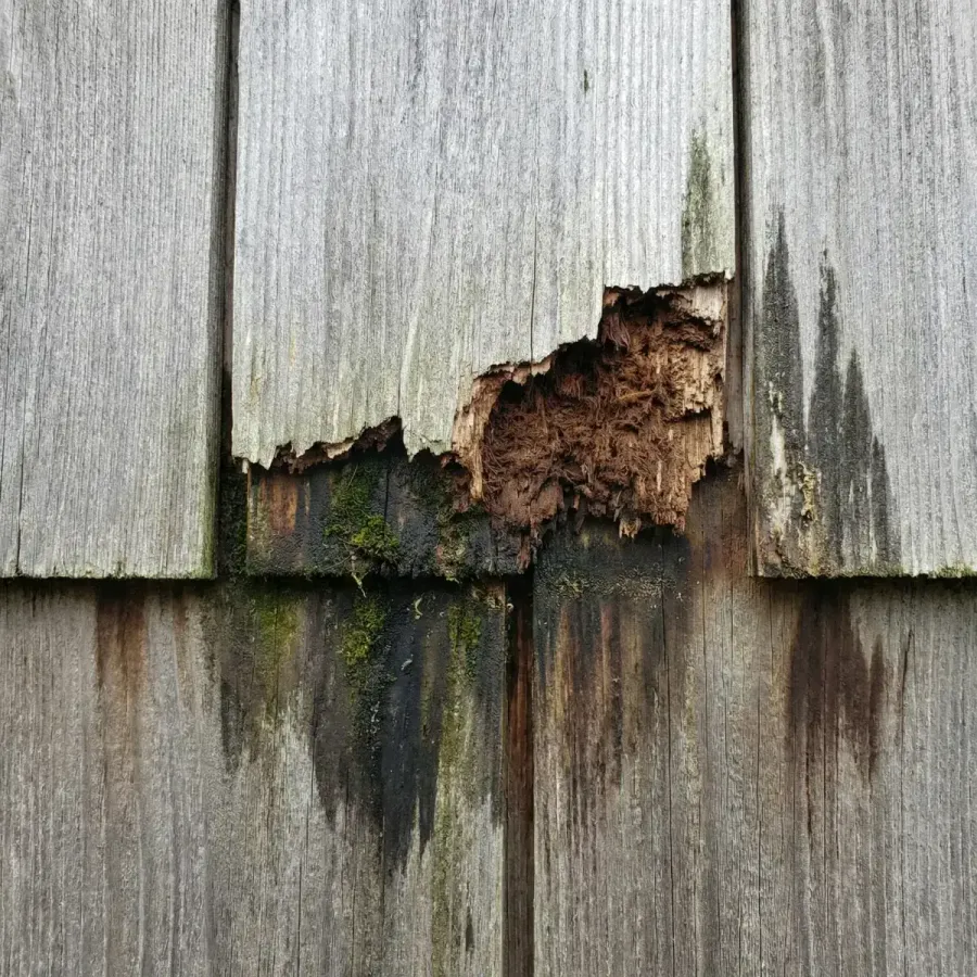 Moisture and rot damage on unprotected cedar siding