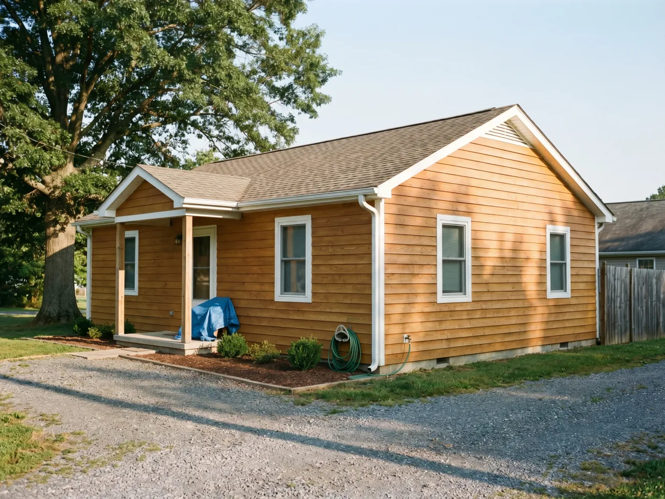 Rural Virginia cedar-sided home with semi-transparent stain finish showing the wood grain