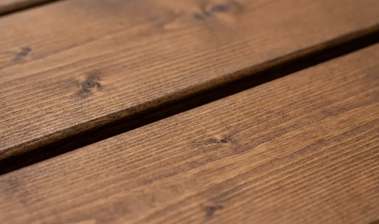 Close-up of wood deck stain showing penetrating finish and wood grain detail