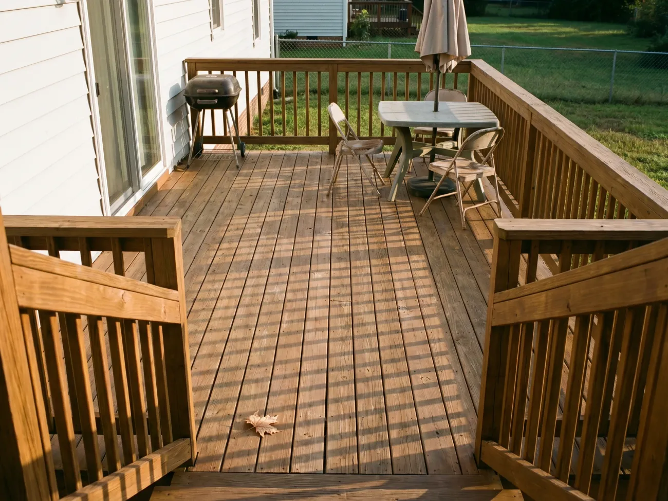 Close-up of wood deck stain showing penetrating finish and wood grain detail