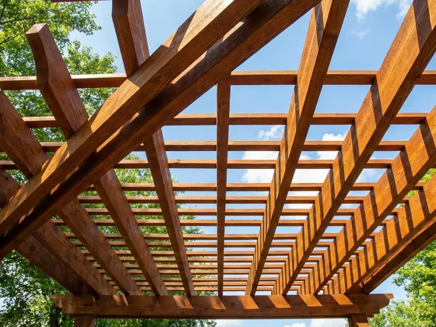 Stained pergola with protective UV-resistant finish