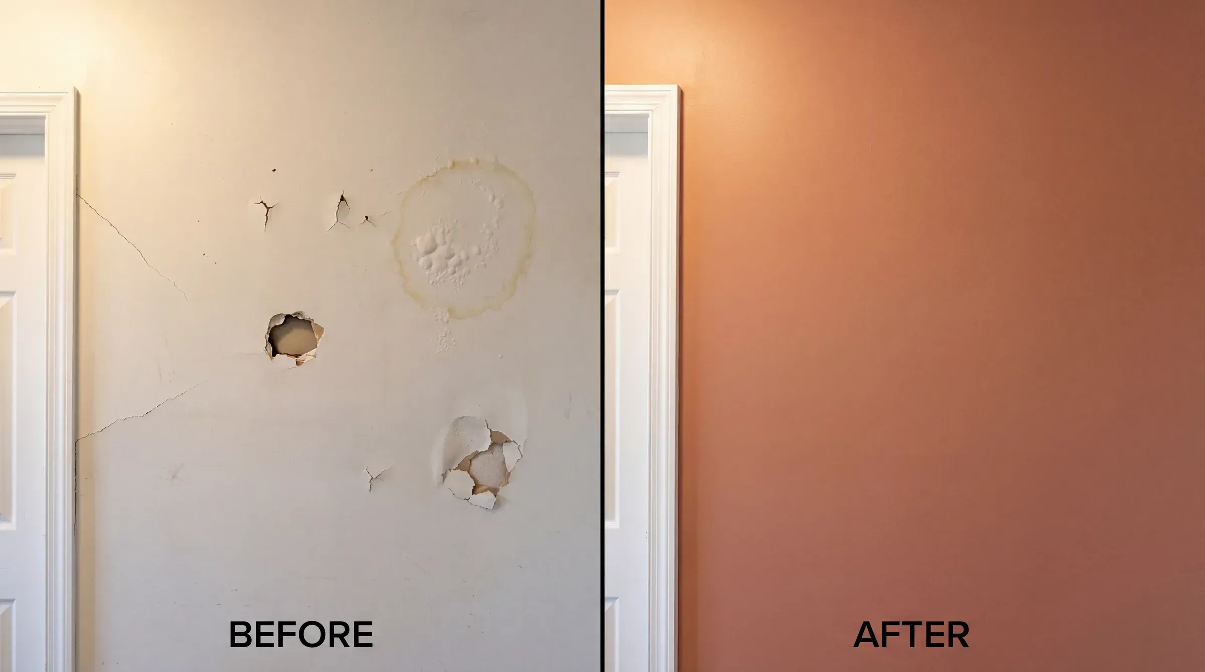 Before and after drywall repair by Greystone Painting