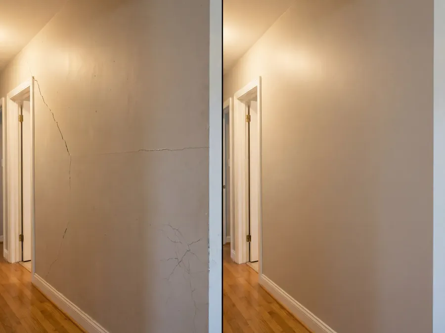 Before and after drywall crack repair