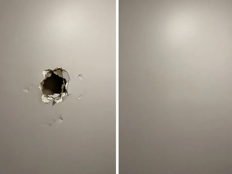Before and after drywall hole repair