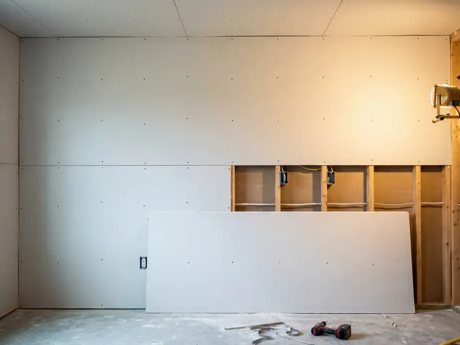 New drywall installation with visible framing