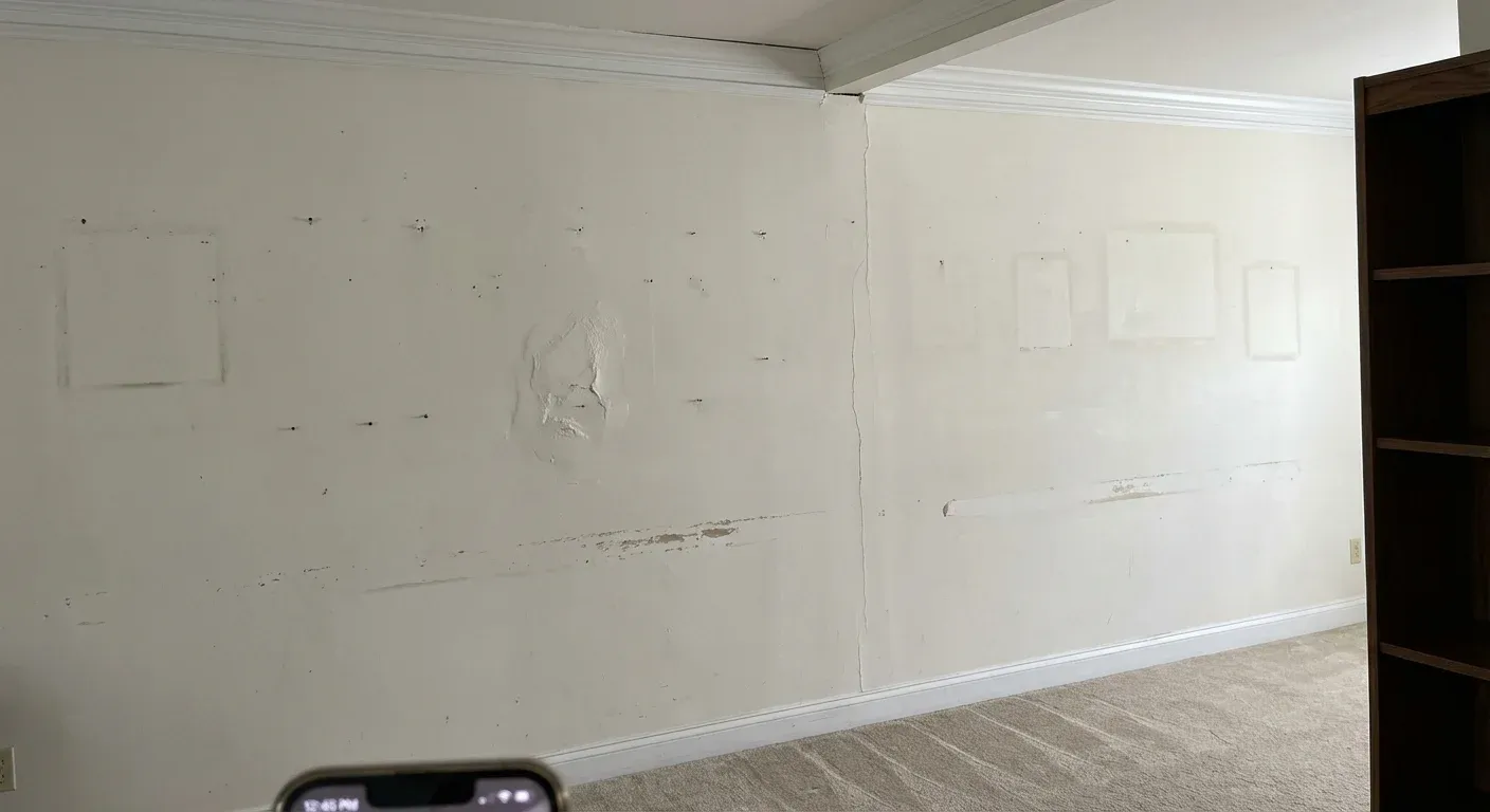 Wall with drywall damage before repair