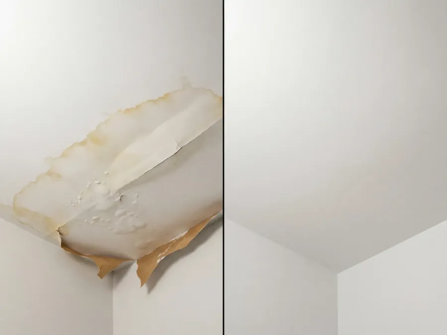 Before and after water damage drywall repair