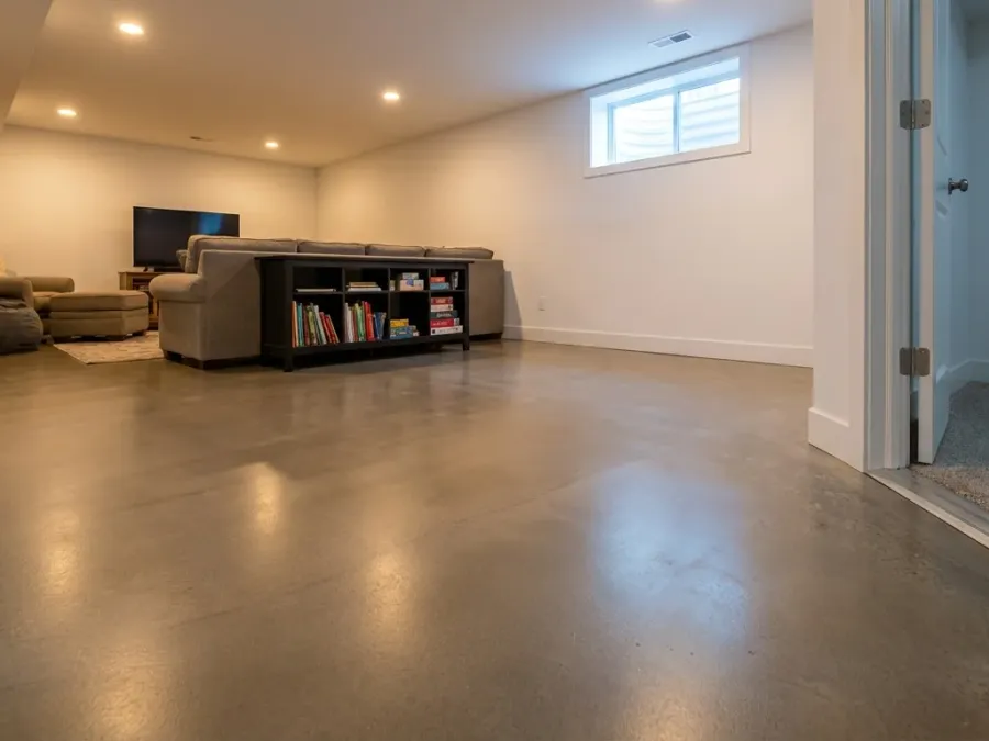 Basement floor with epoxy coating providing a clean, sealed surface