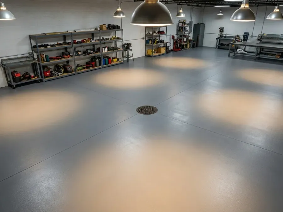 Commercial workshop floor with heavy-duty epoxy coating system