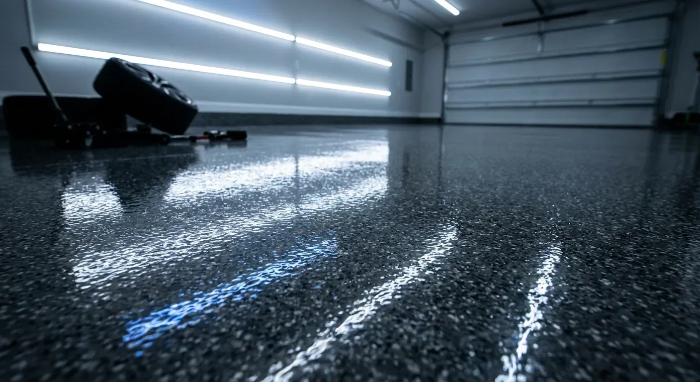 Finished epoxy floor in a residential garage by Greystone Painting
