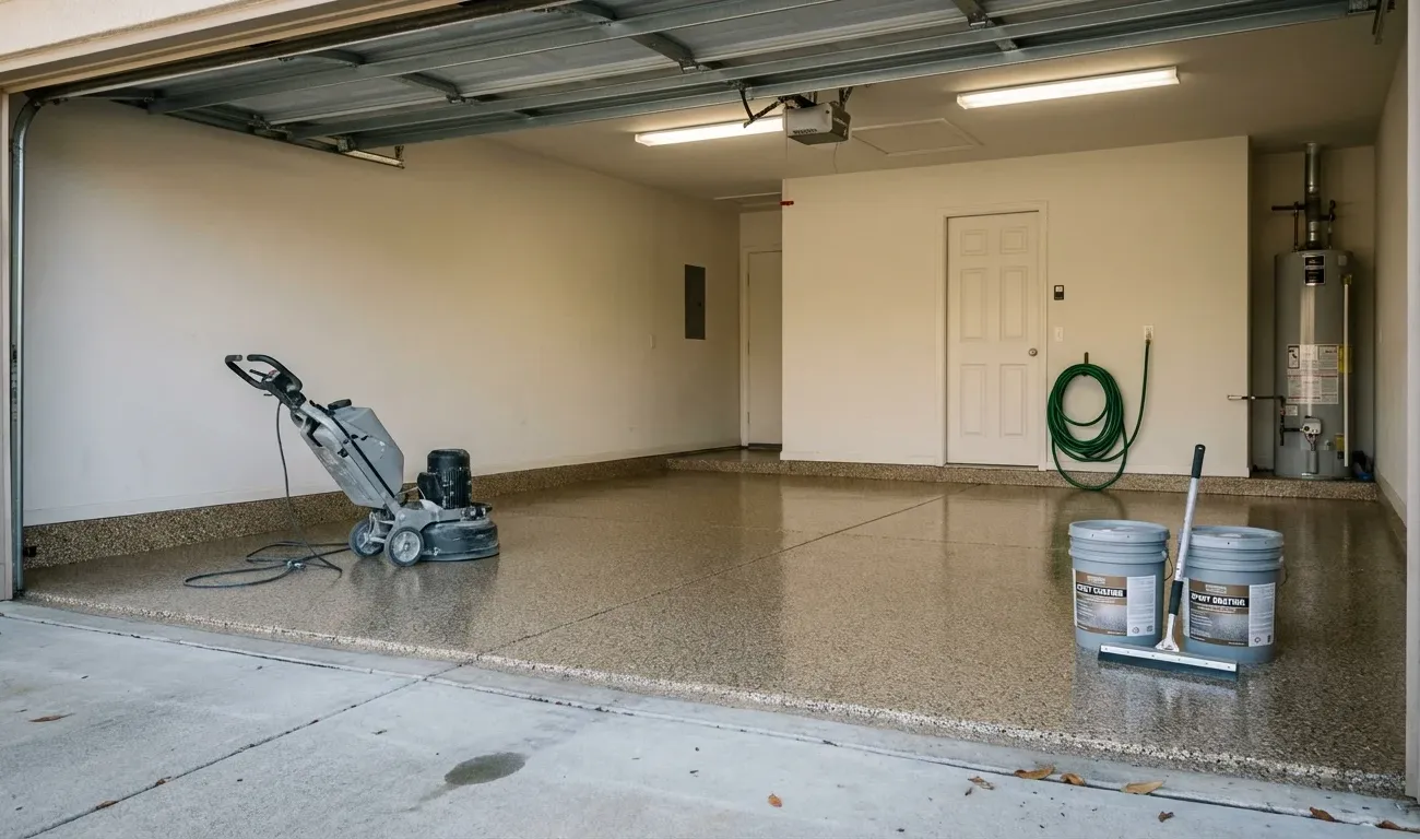 Garage interior with freshly coated epoxy floor, diamond grinder, and coating supplies