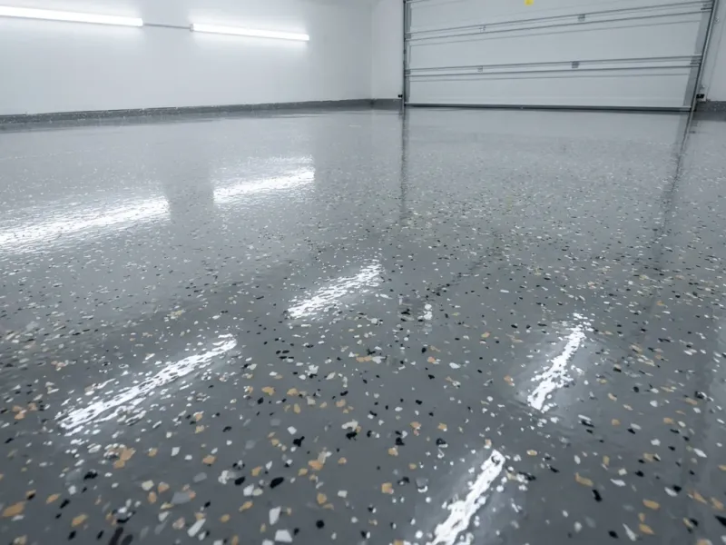 Epoxy coated garage floor with decorative flake finish