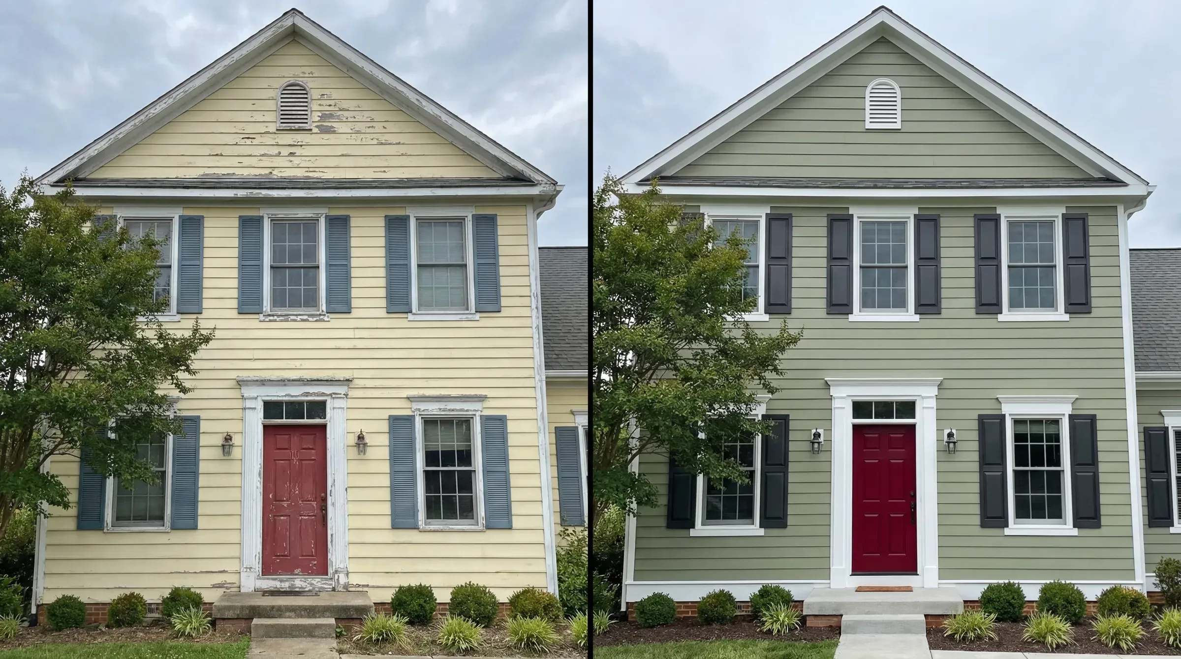 Before and after exterior home painting restoration by Greystone Painting