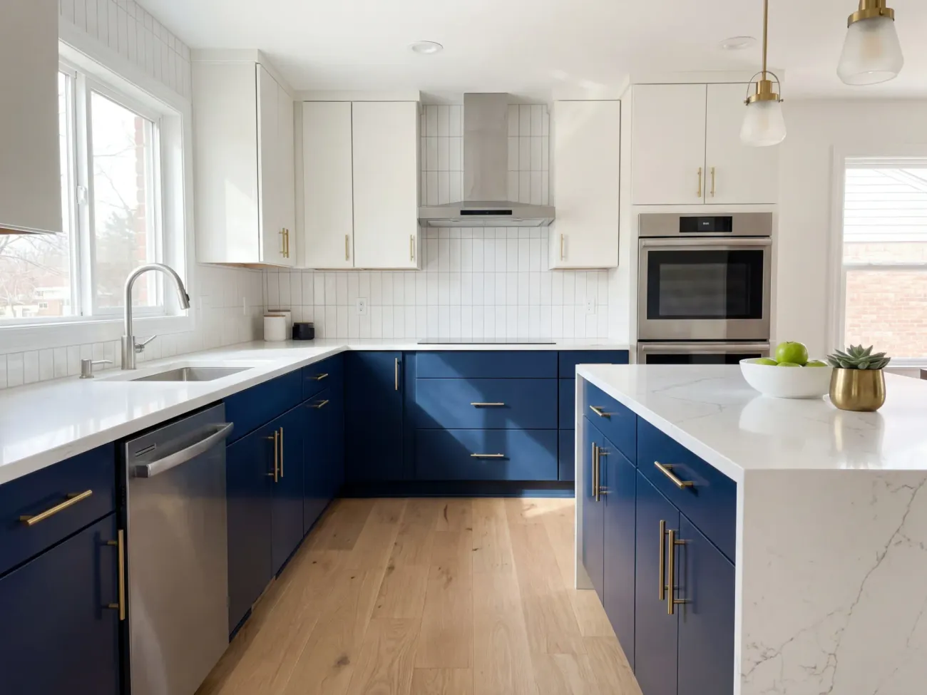 Navy blue kitchen cabinet painting with modern hardware