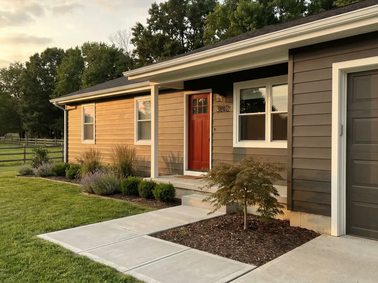Ranch home exterior with modern earthy color palette update
