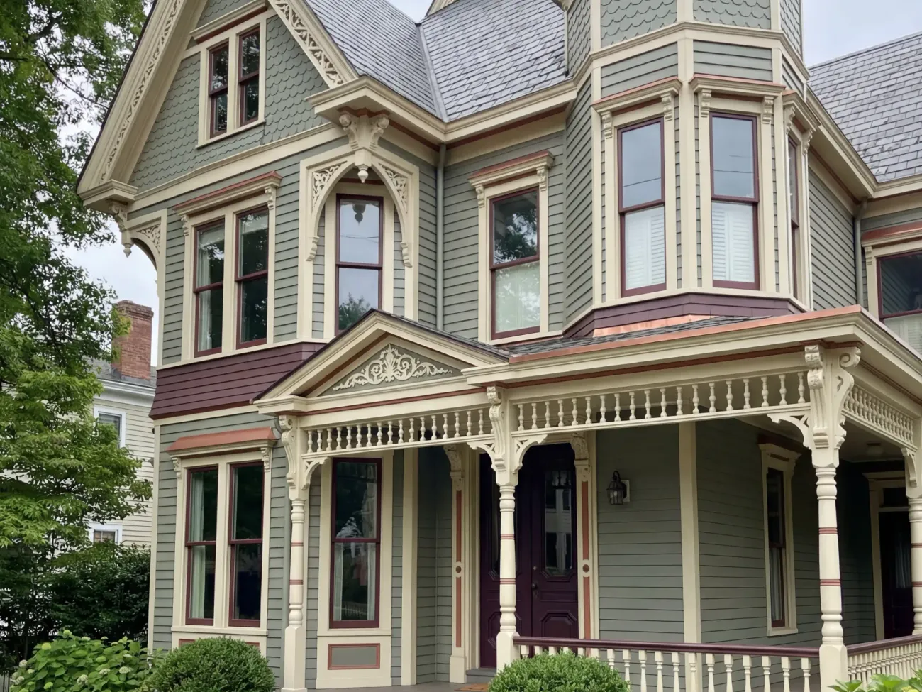 Victorian home paint restoration with multi-color exterior scheme