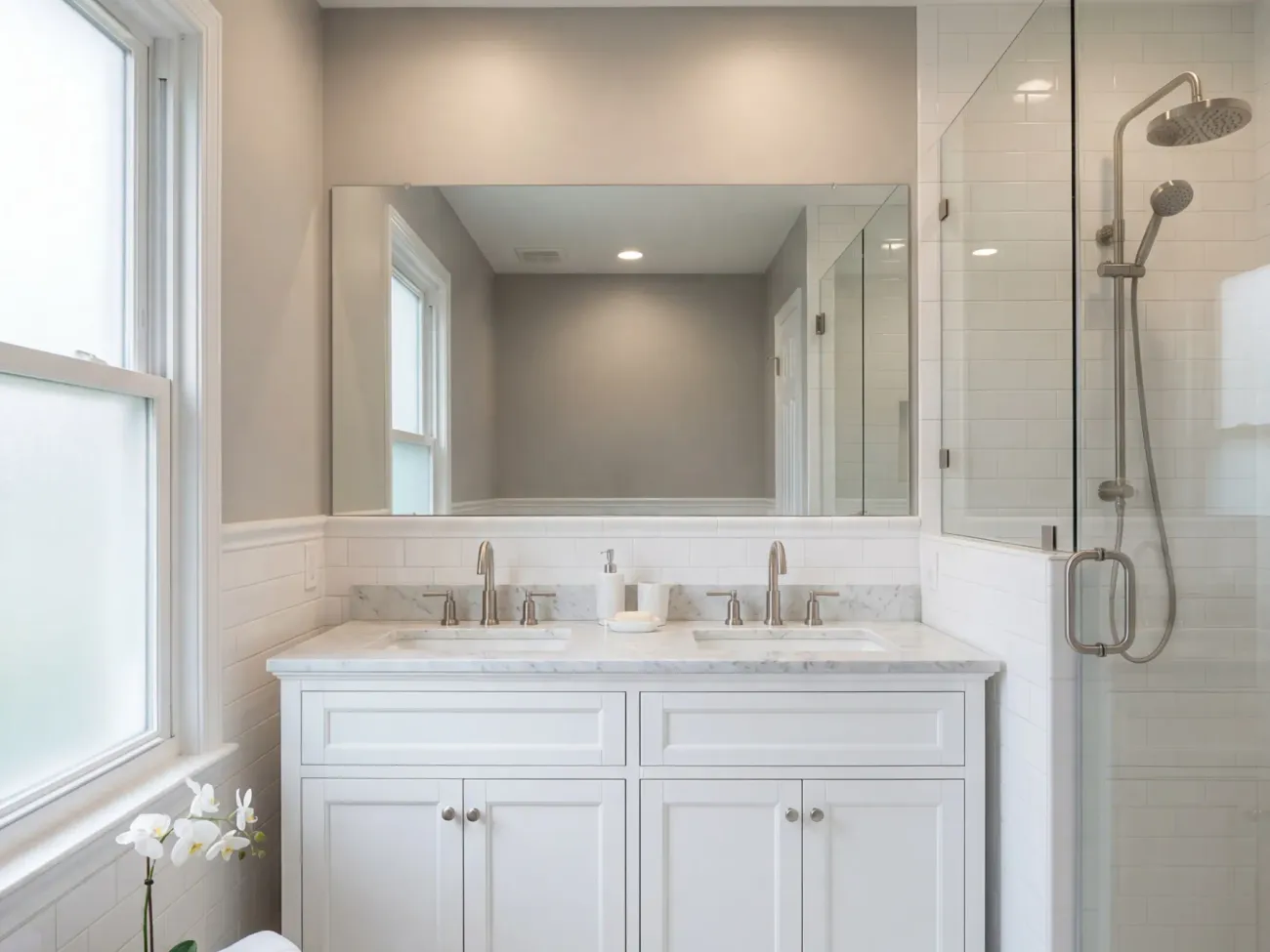 Spa-like bathroom repaint with soft white and warm gray palette