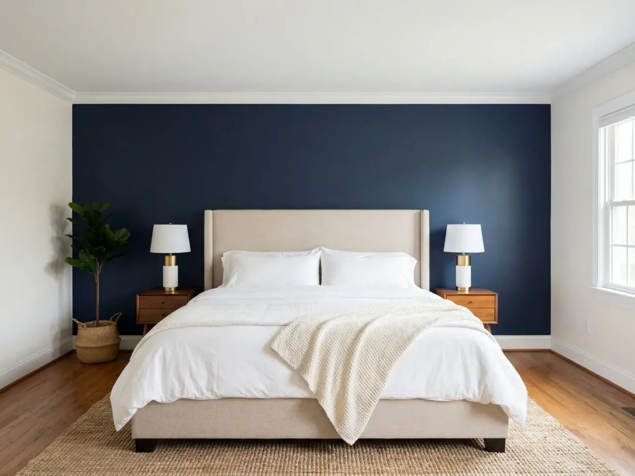 Master bedroom with deep navy accent wall behind bed