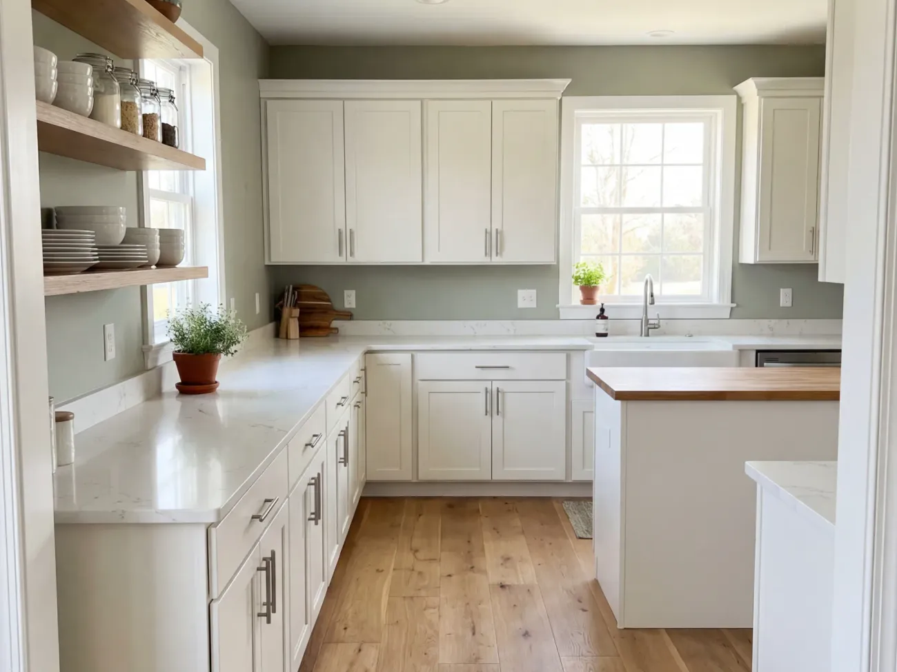Kitchen with freshly painted cabinets and sage green walls