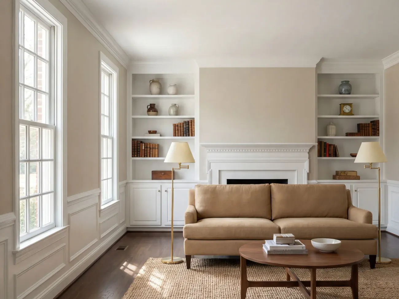 Living room repaint with warm greige accent wall in Front Royal, Virginia