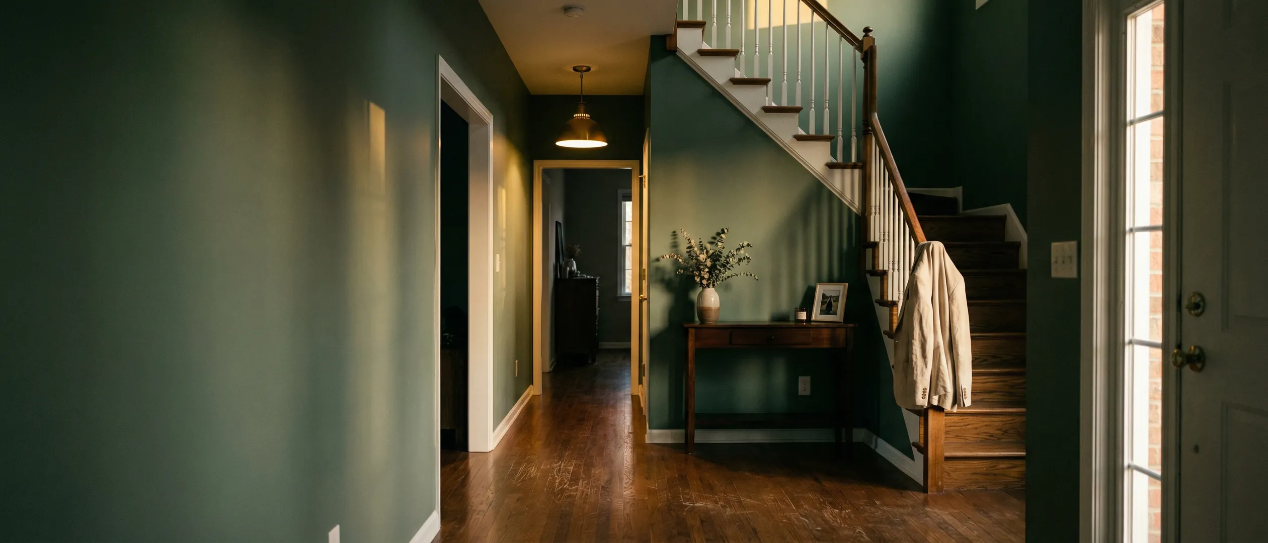 Warm, richly painted residential entryway with hardwood floors and inviting natural light
