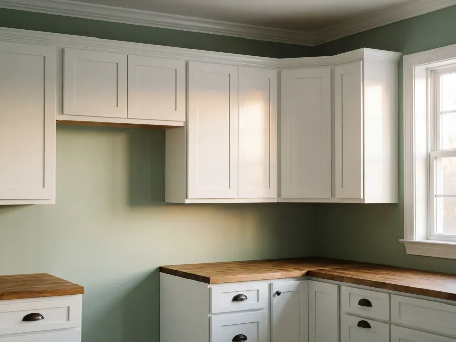 Freshly painted kitchen walls and cabinets with a clean, modern finish