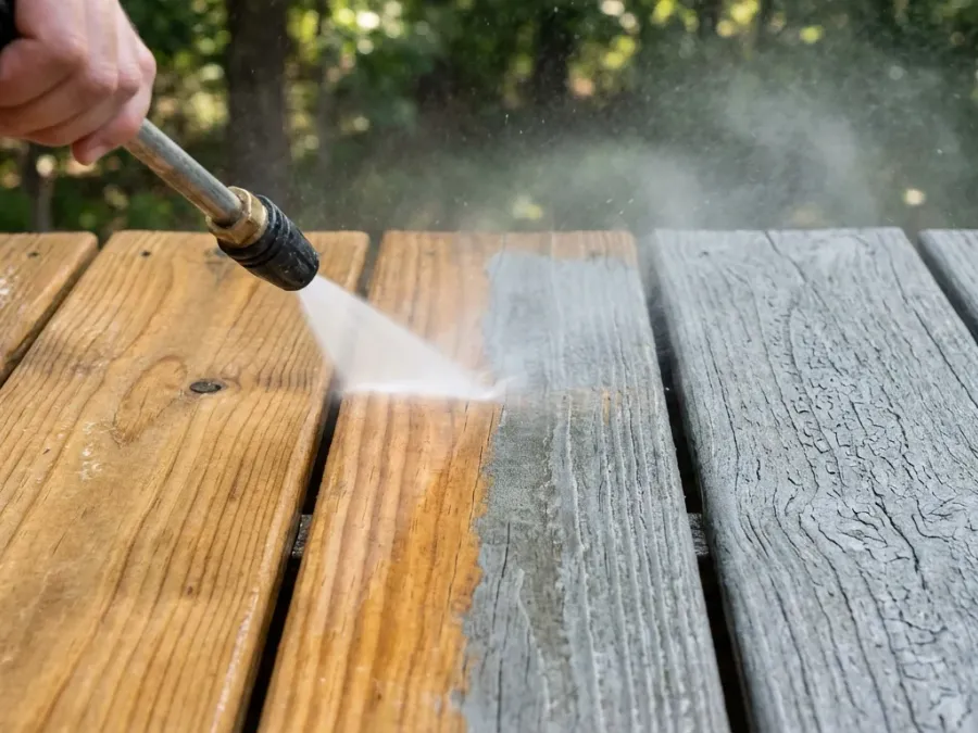Wood deck being restored with professional power washing