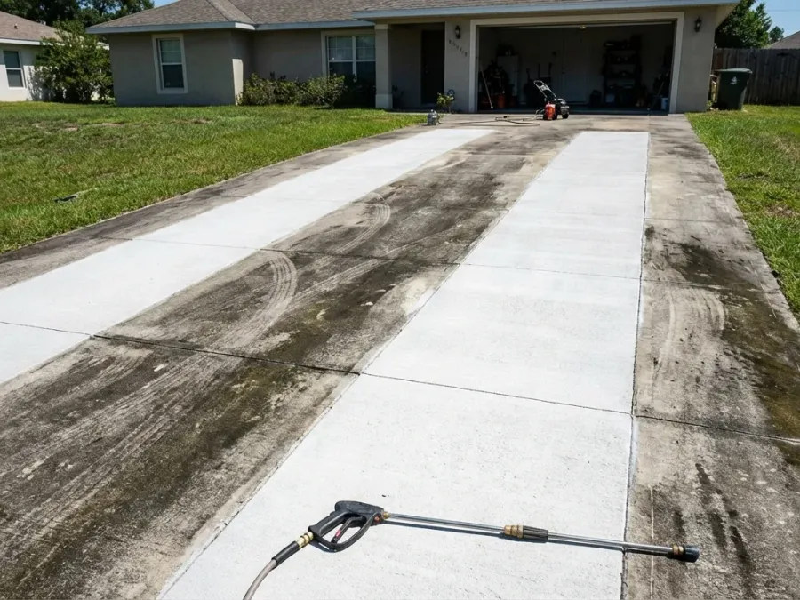 Concrete driveway half cleaned by power washing showing dramatic difference
