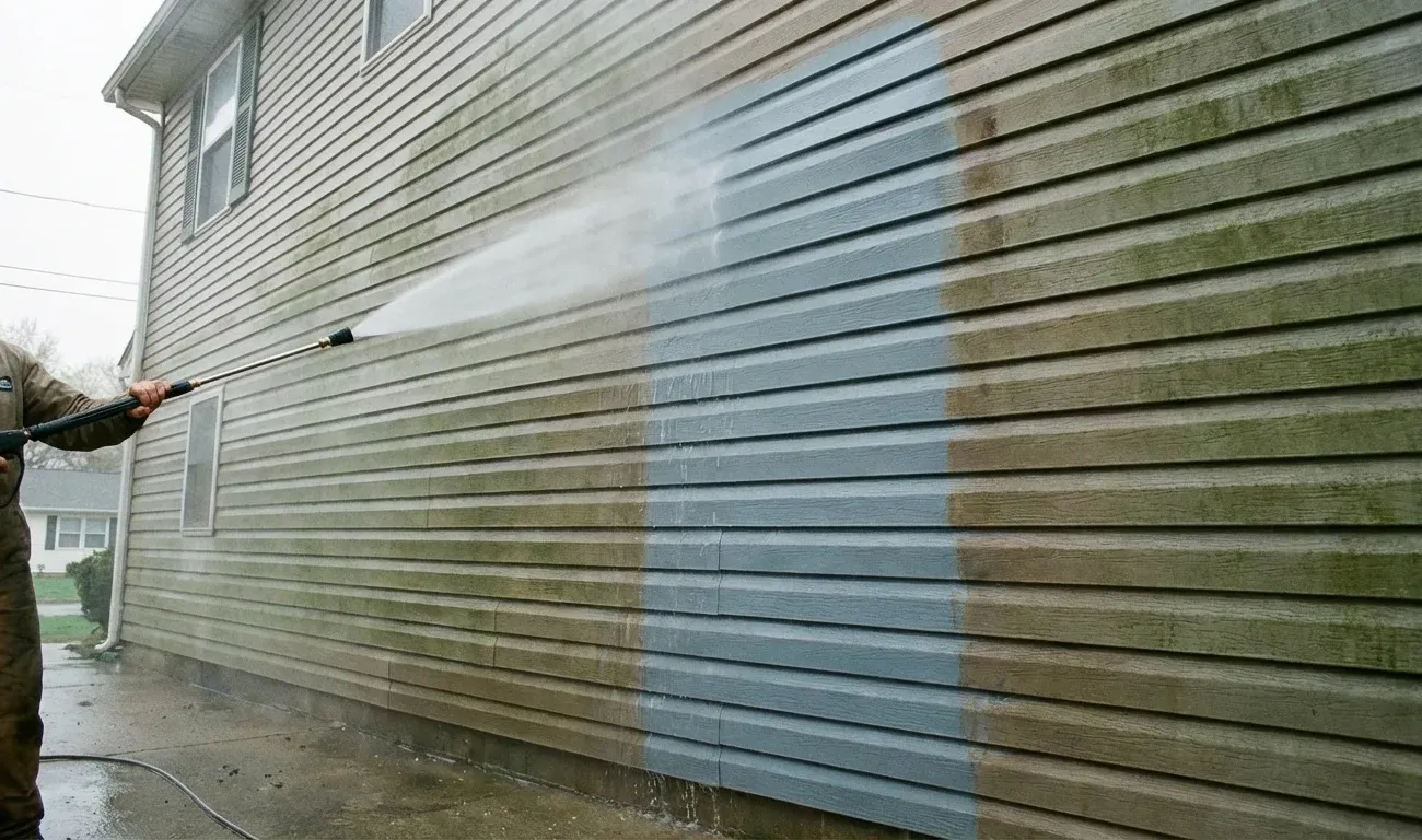 Home exterior being power washed by Greystone Painting in Front Royal, Virginia