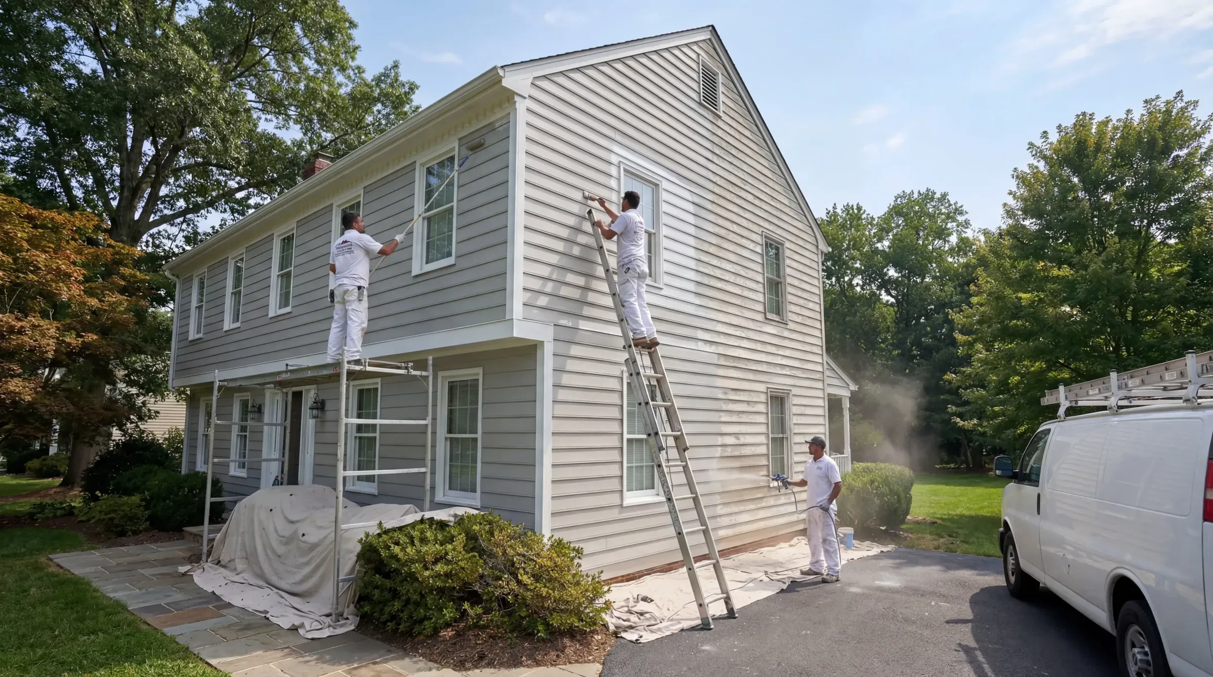 Professional painting crew at work on a Virginia home